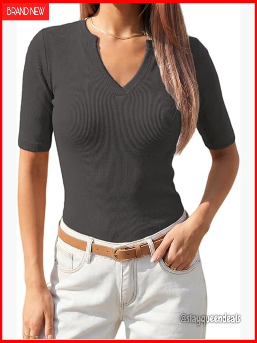 Fitted V-Neck Half Sleeve Top Business Casual Lightweight Cotton Blend